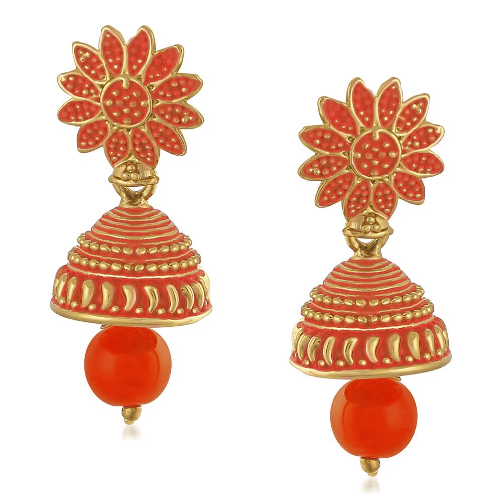 Mahi Meenakari Work Orange Artificial Bead Floral Jhumka Drop Earrings for Women (ER1109694G)