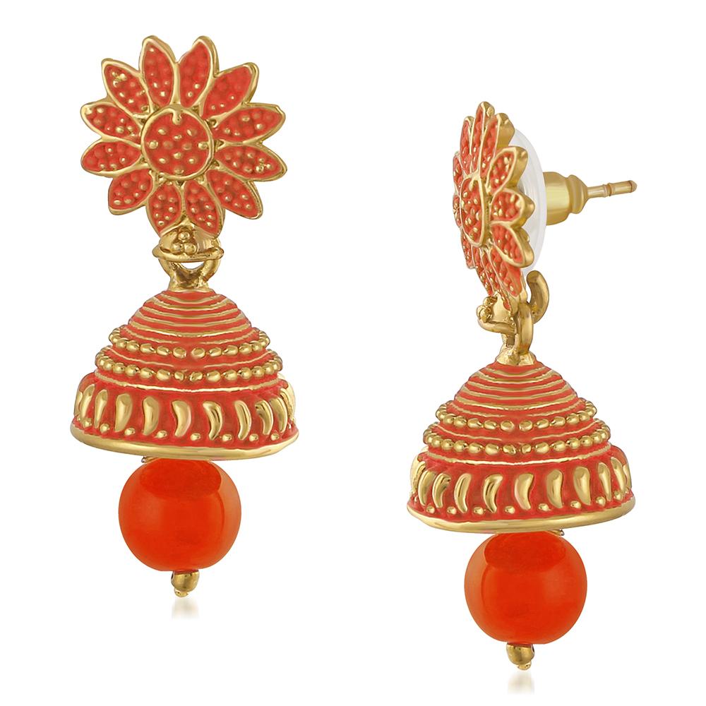 Mahi Meenakari Work Orange Artificial Bead Floral Jhumka Drop Earrings for Women (ER1109694G)