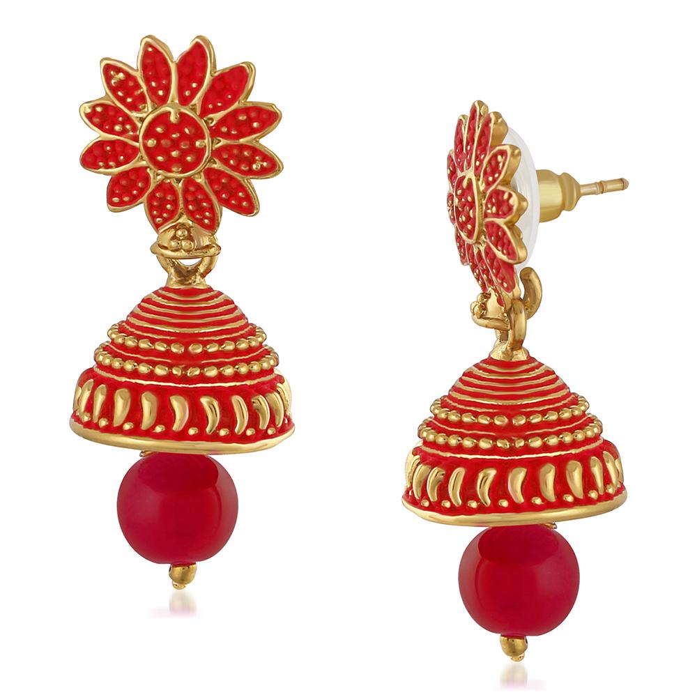 Mahi Meenakari Work Red Artificial Bead Floral Jhumka Drop Earrings for Women (ER1109695G)