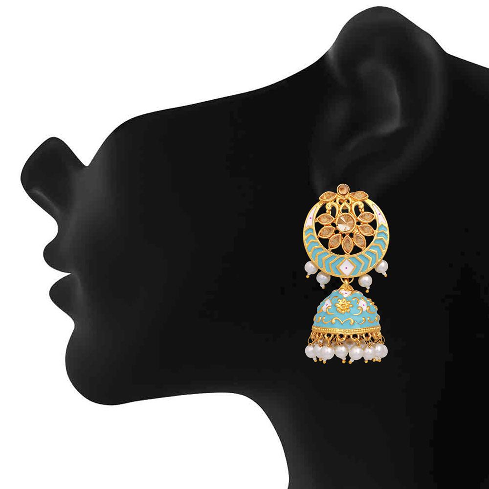 Mahi Blue Meenakari Work Enamelled Artificial Pearl Jhumki Earrings for Women (ER1109708GBlu)