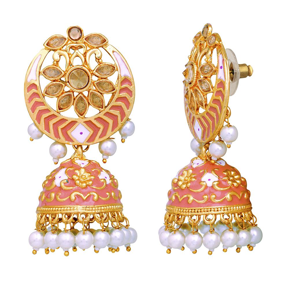 Mahi Carrot Pink Meenakari Work Enamelled Artificial Pearl Jhumki Earrings for Women (ER1109709GCrt)