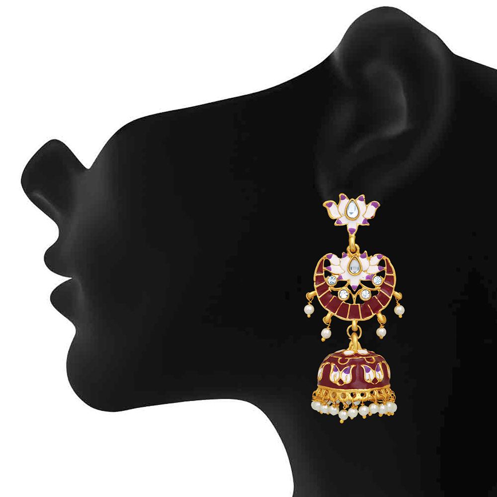 Mahi Maroon Meenakari Work Enamelled Lotus Shaped Artificial Pearl and Crystal Dangle Jhumka Earrings for Women (ER1109710GMrn)