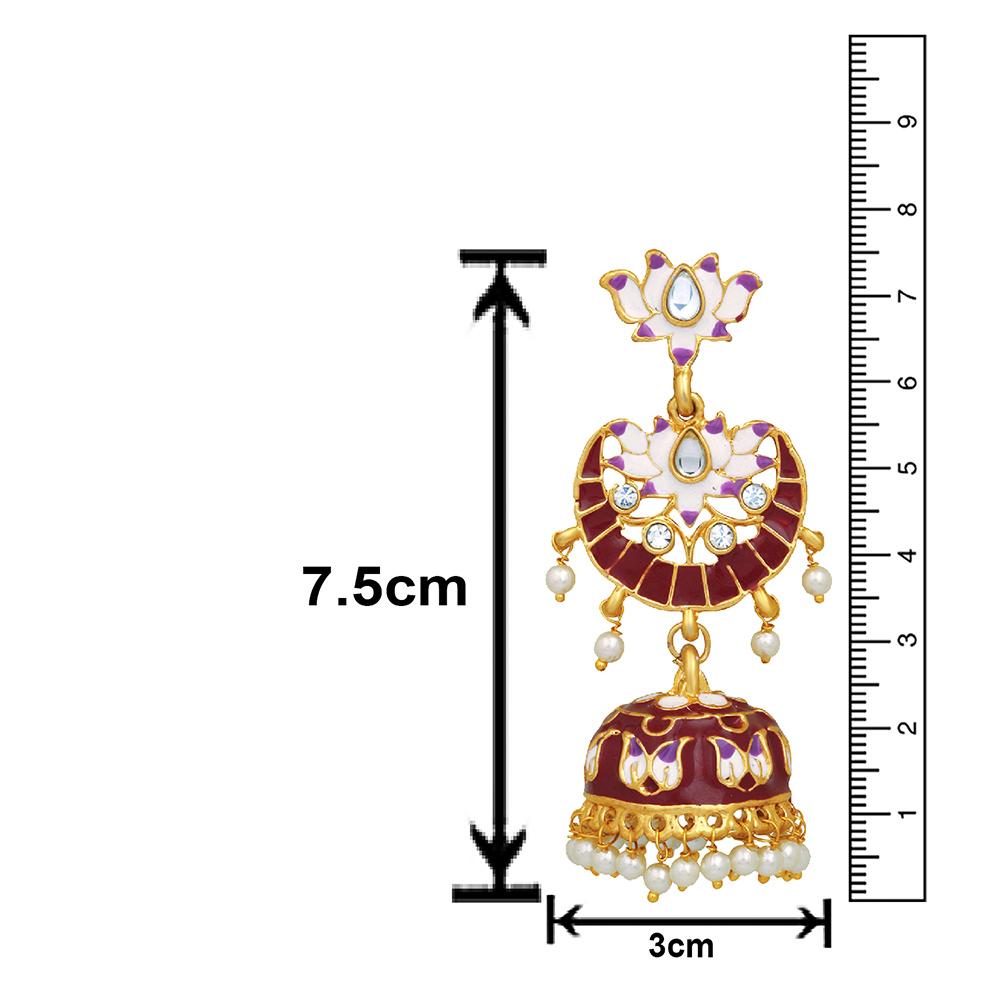 Mahi Maroon Meenakari Work Enamelled Lotus Shaped Artificial Pearl and Crystal Dangle Jhumka Earrings for Women (ER1109710GMrn)