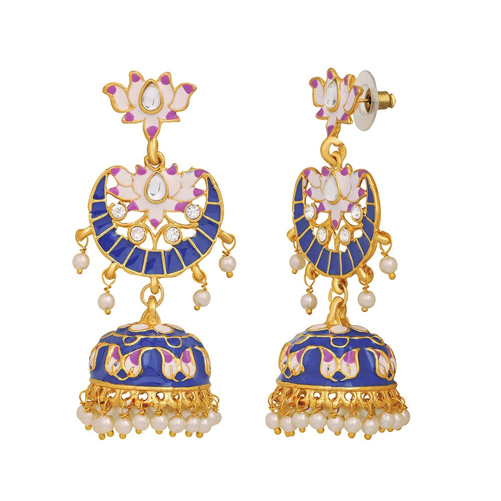 Mahi Blue Meenakari Work Enamelled Lotus Shaped Artificial Pearl and Crystal Dangle Jhumka Earrings for Women (ER1109711GBlu)