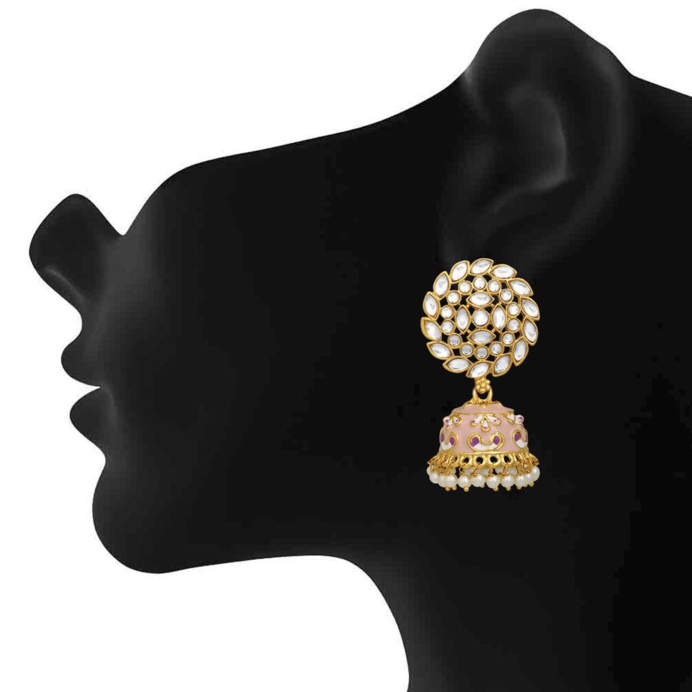 Mahi Pink Meenakari Work Enamelled Kundan and Artificial Pearl Jhumki Earrings for Women (ER1109713GPin)