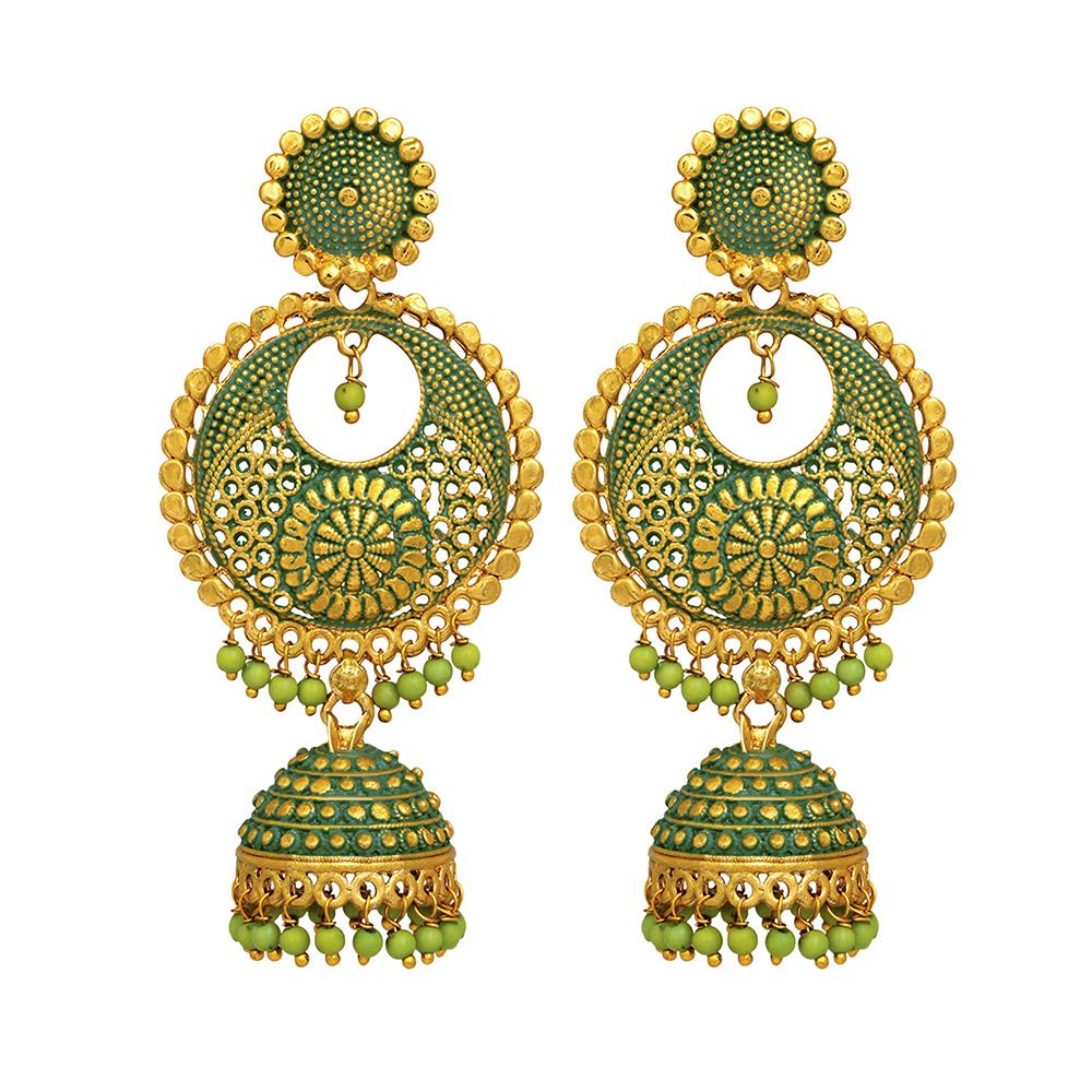 Mahi Green Meenakari Work Enamelled Artificial Pearl Dangle Jhumka Earrings for Women (ER1109719GGre)