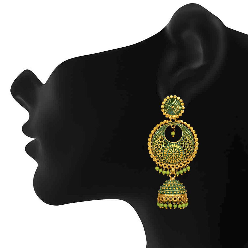 Mahi Green Meenakari Work Enamelled Artificial Pearl Dangle Jhumka Earrings for Women (ER1109719GGre)