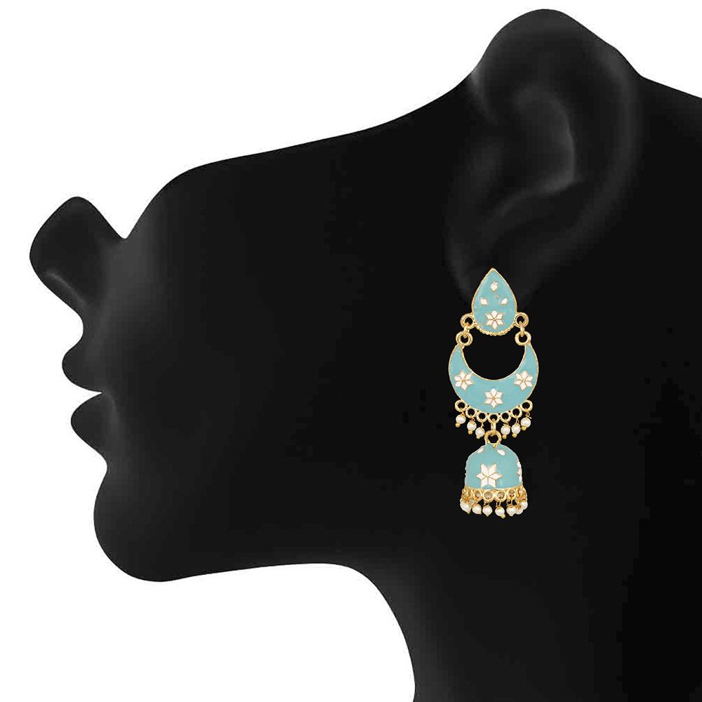 Mahi Traditional Ethnic Blue Meenakari work Dangler Chandbali Jhumki Earrings with Artificial Pearl for Women (ER1109728GLBlu)