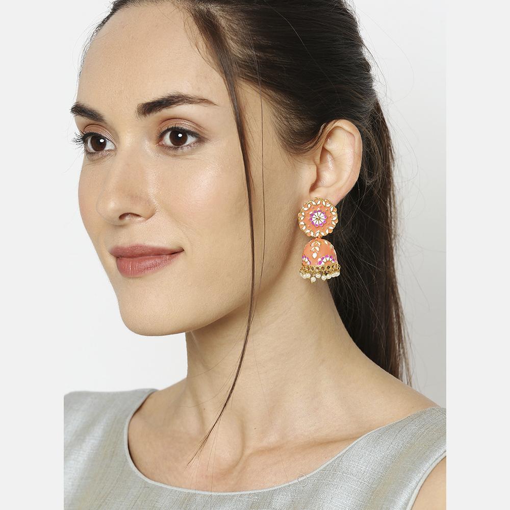 Mahi Carrot Pink Classic Meenakari Enamelled Artificial Pearl Jhumka Earrings for Women (ER1109730GCrt)
