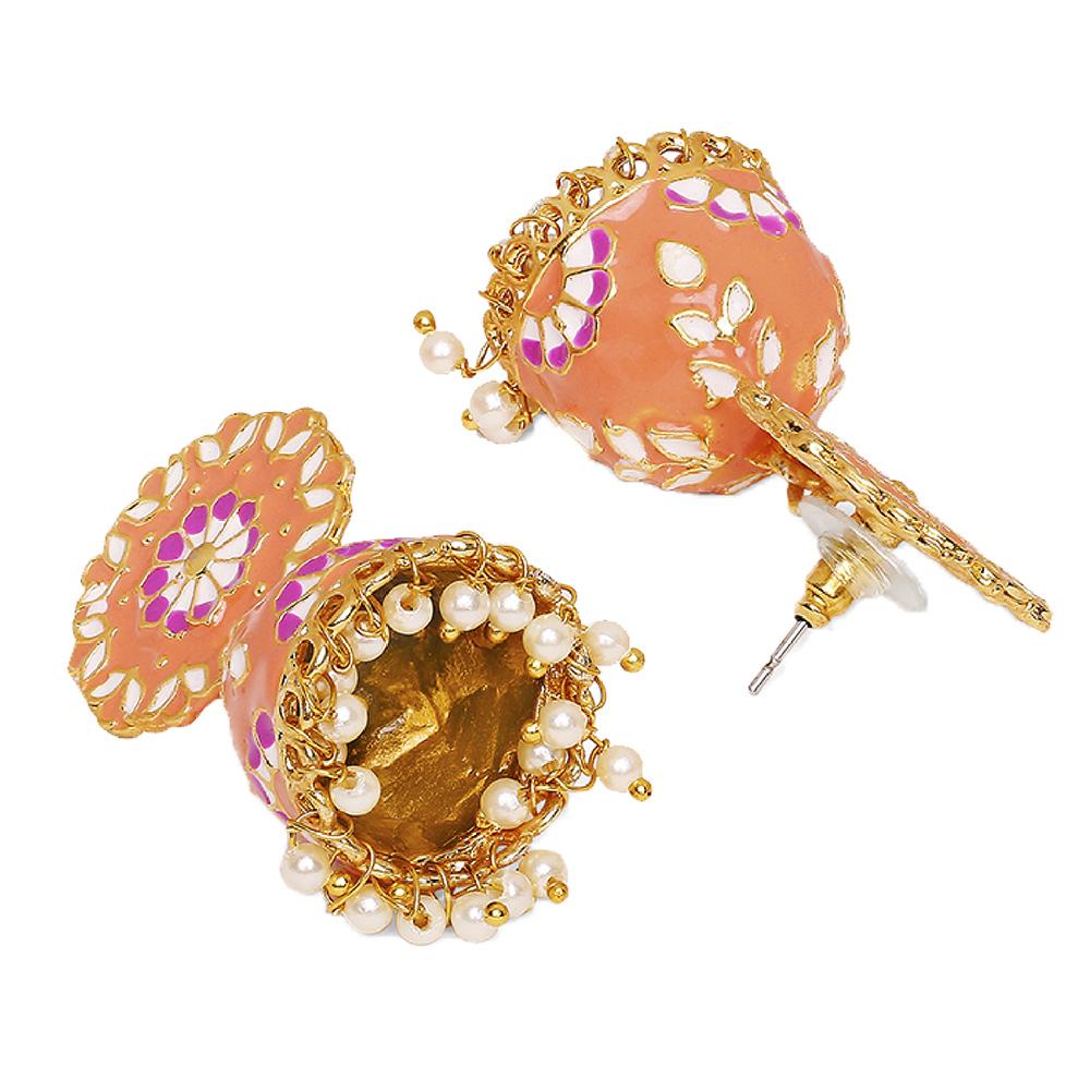 Mahi Carrot Pink Classic Meenakari Enamelled Artificial Pearl Jhumka Earrings for Women (ER1109730GCrt)