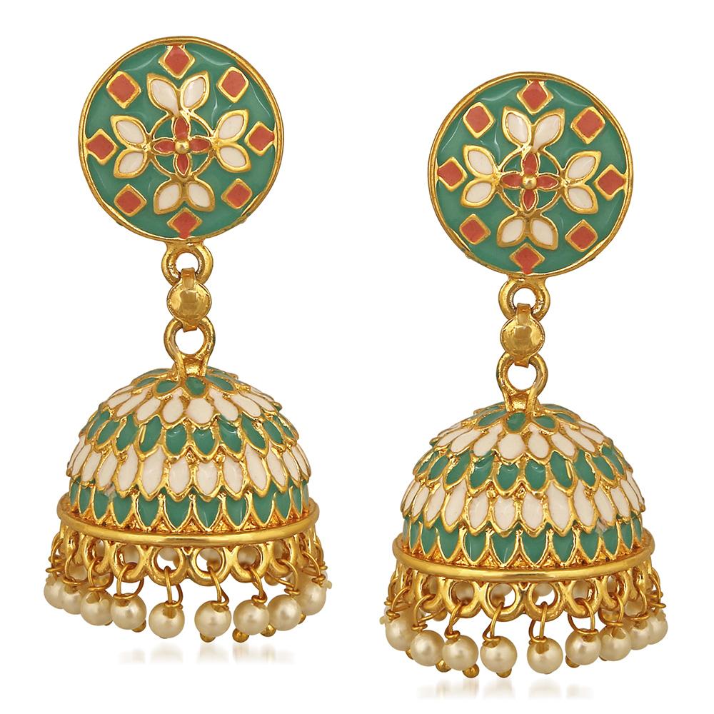 Mahi Traditional Green Designer Enamel Artificial Pearl Jhumki/Jhumka Earrings for Women (ER1109733GGre)