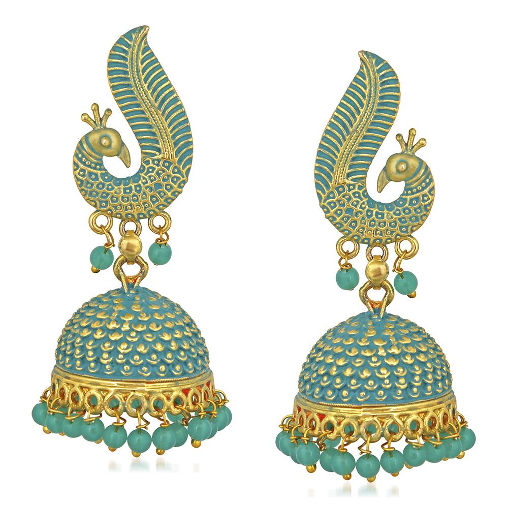 Mahi Gold Tone Blue Meenakari work Blooming Peacock Shaped Jhumki Earrings with Artificial Pearl for Women (ER1109735GBlu)