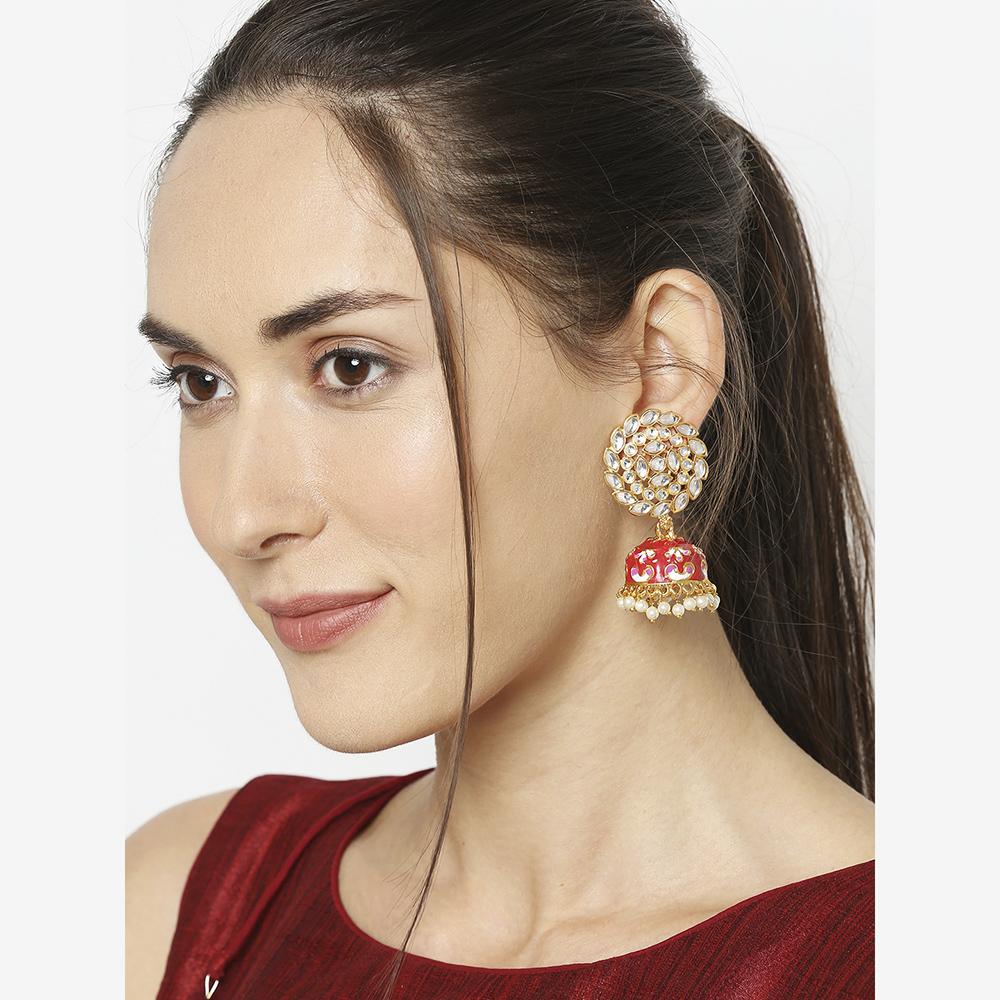 Mahi Red Meenakari Work Enamelled Kundan and Artificial Pearl Jhumki Earrings for Women (ER1109738GRed)