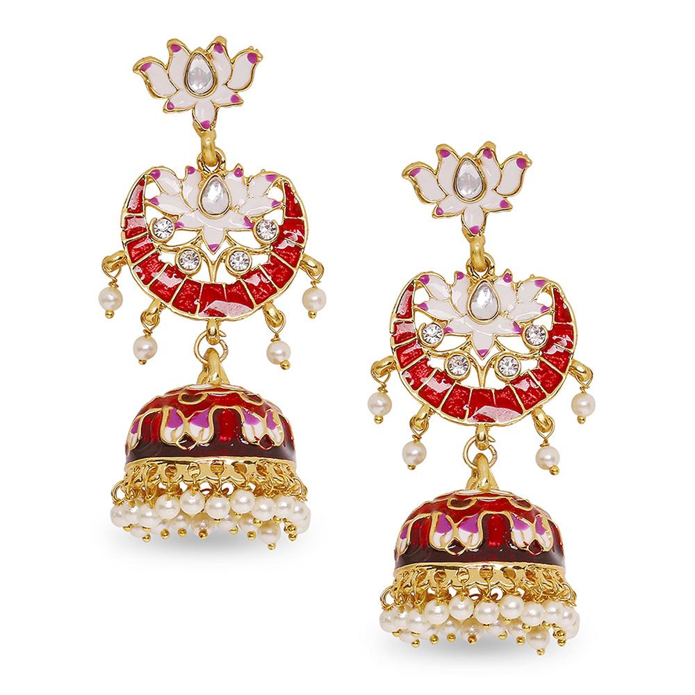 Mahi Red Meenakari Work Enamelled Lotus Shaped Artificial Pearl and Crystal Dangle Jhumka Earrings for Women (ER1109739GRed)