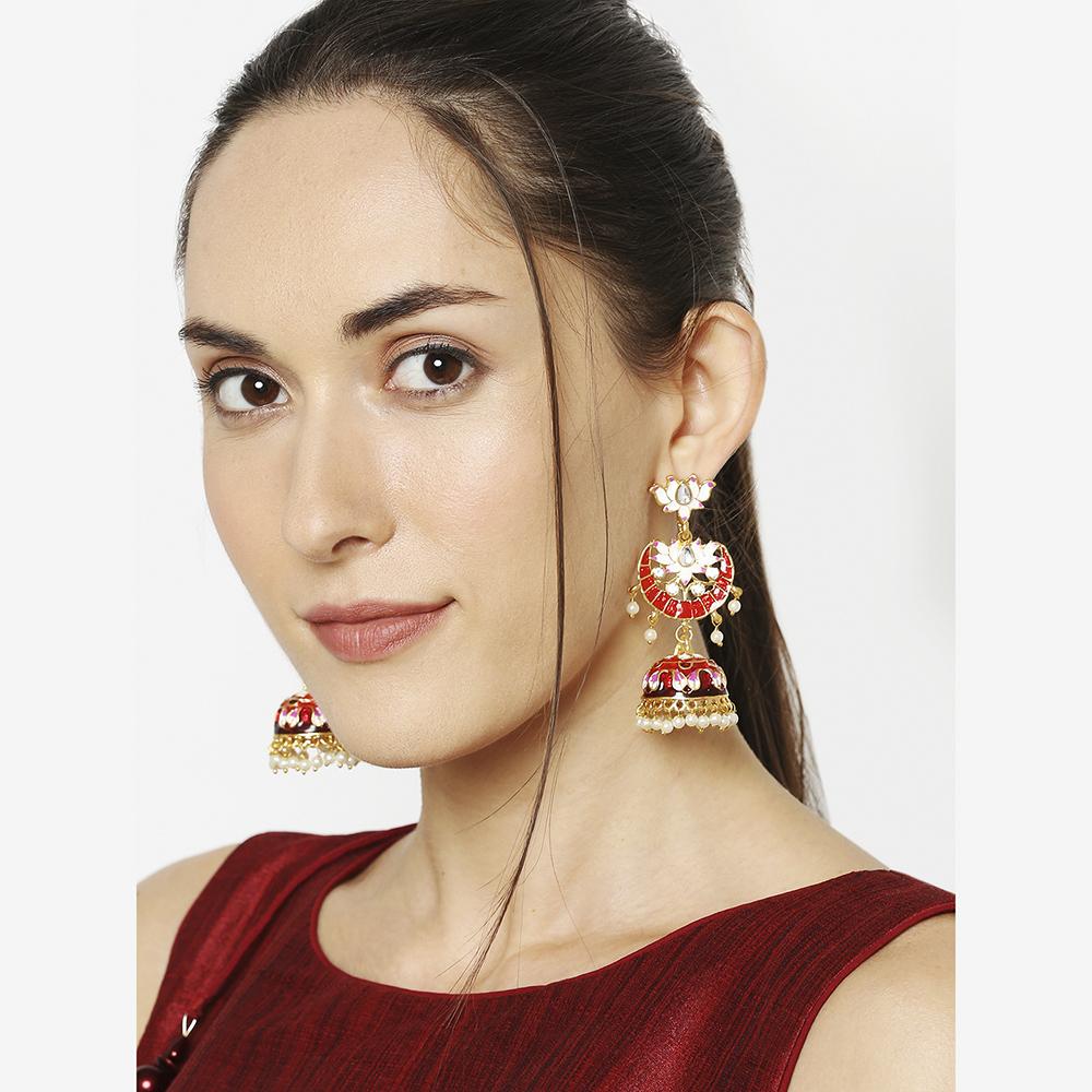 Mahi Red Meenakari Work Enamelled Lotus Shaped Artificial Pearl and Crystal Dangle Jhumka Earrings for Women (ER1109739GRed)