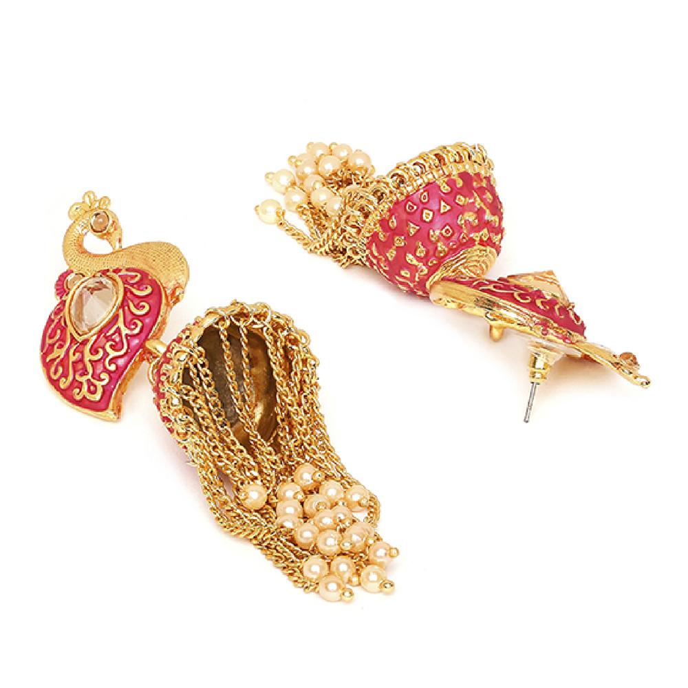 Mahi Red Meenakari work Peacock Shaped Tassel Chain Jhumki Earrings with Artificial Pearl for Women (ER1109740GRed)