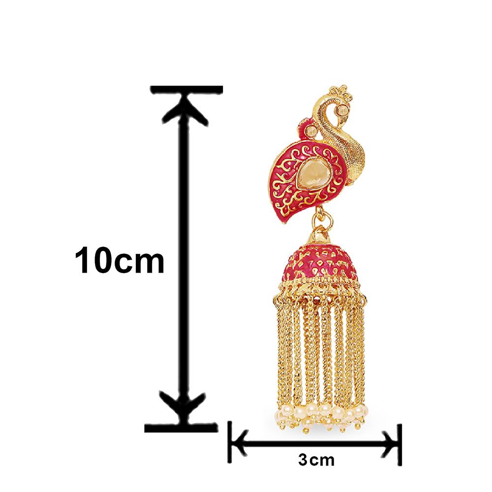 Mahi Red Meenakari work Peacock Shaped Tassel Chain Jhumki Earrings with Artificial Pearl for Women (ER1109740GRed)