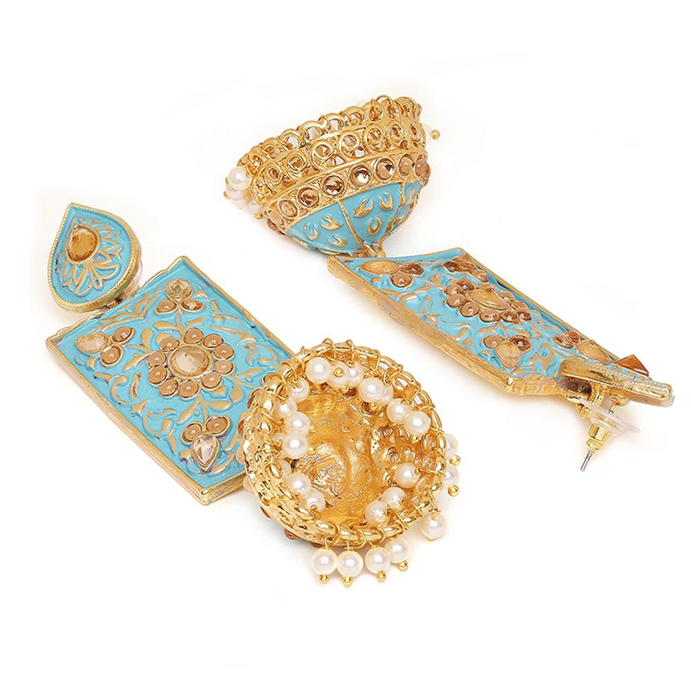 Mahi Light Blue Meenakari Work Enamelled Rectangular Dangle Jhumka Earrings with Artificial Pearl for Women (ER1109741GLBlu)