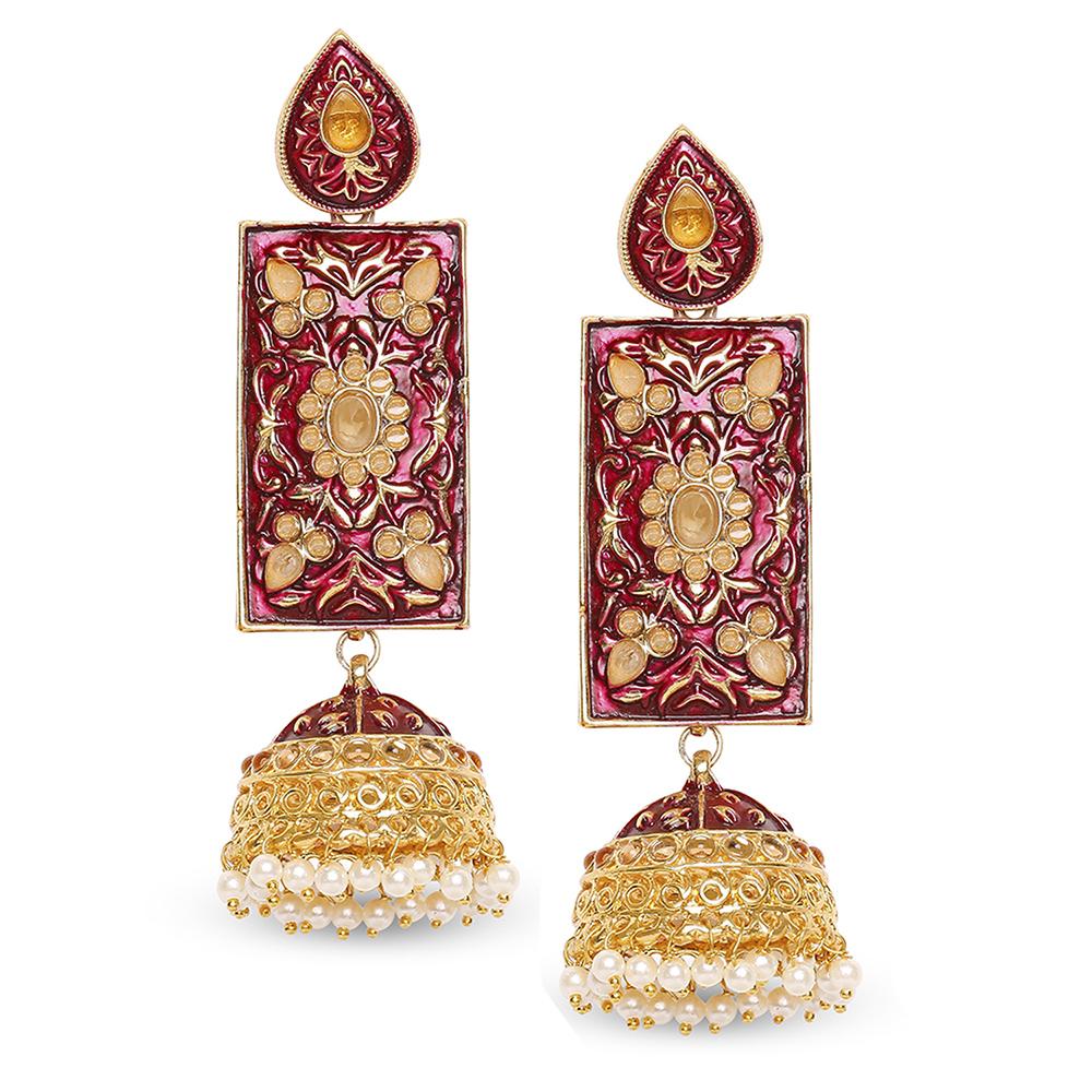 Mahi Red Meenakari Work Enamelled Rectangular Dangle Jhumka Earrings with Artificial Pearl for Women (ER1109742GRed)