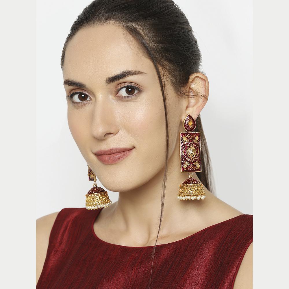 Mahi Red Meenakari Work Enamelled Rectangular Dangle Jhumka Earrings with Artificial Pearl for Women (ER1109742GRed)