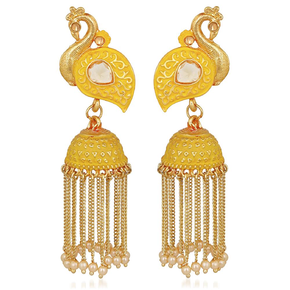 Mahi Yellow Meenakari work Peacock Shaped Tassel Chain Jhumki Earrings with Artificial Pearl for Women (ER1109744GYel)