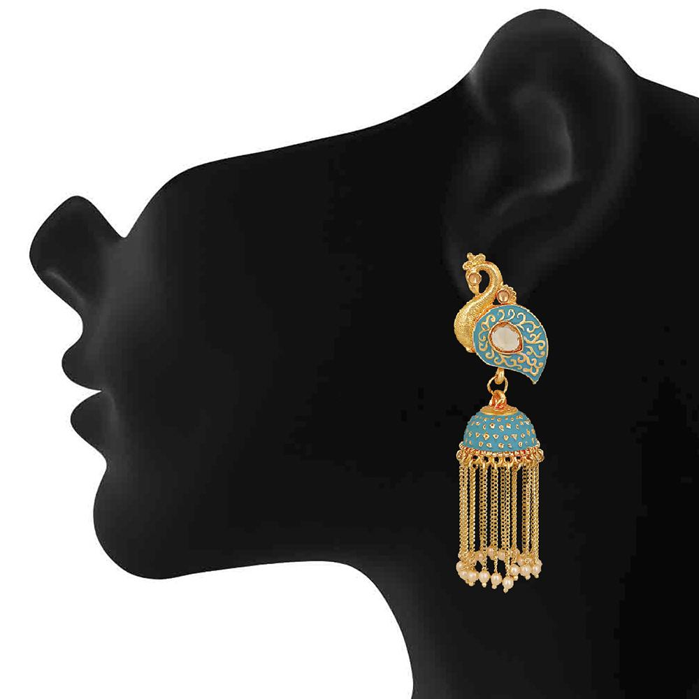 Mahi Blue Meenakari work Peacock Shaped Tassel Chain Jhumki Earrings with Artificial Pearl for Women (ER1109745GBlu)