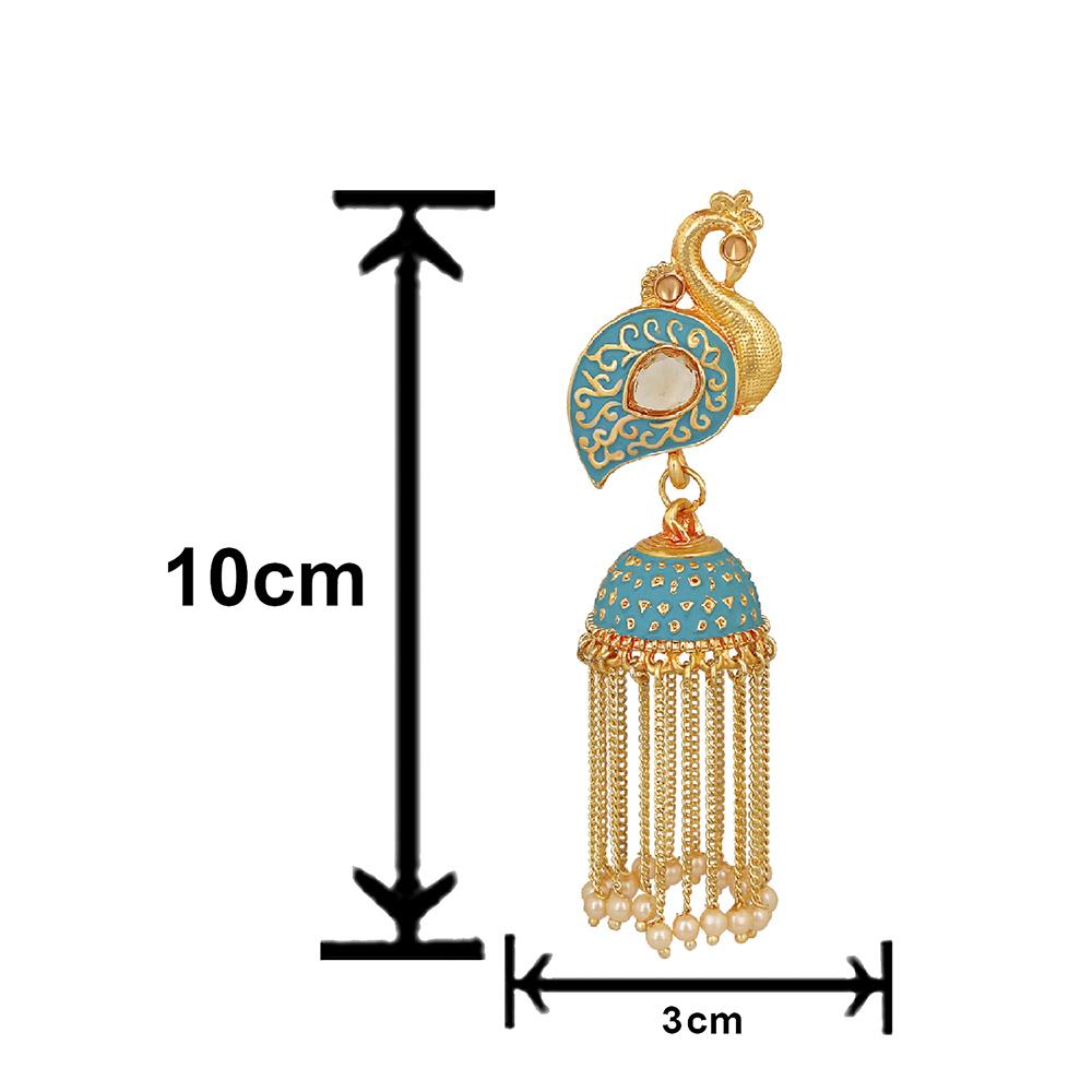 Mahi Blue Meenakari work Peacock Shaped Tassel Chain Jhumki Earrings with Artificial Pearl for Women (ER1109745GBlu)