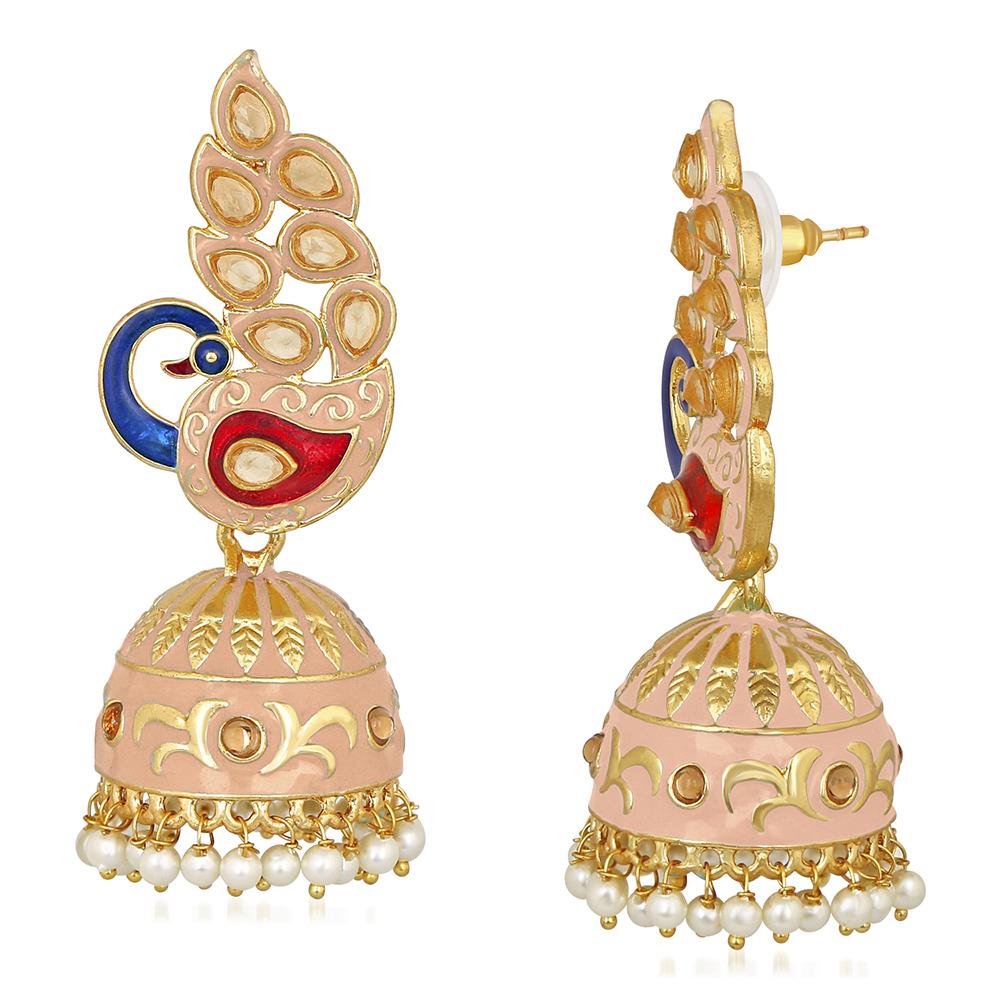 Mahi Traditional Ethnic Pink Meena Peacock Dangle Jumka Earrings with Pearl For Women (ER1109746GPin)