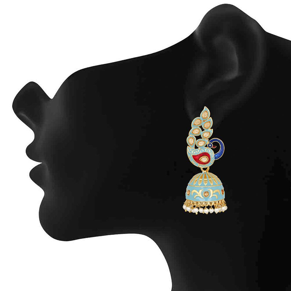 Mahi Traditional Ethnic Blue Meena Peacock Dangle Jumka Earrings with Pearl For Women (ER1109747GBlu)