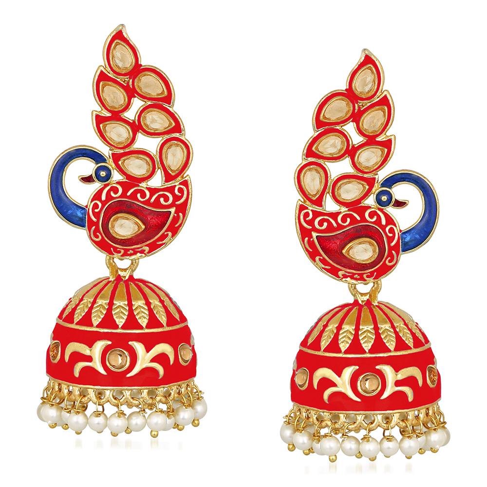 Mahi Traditional Ethnic Red Meena Peacock Dangle Jumka Earrings with Pearl For Women (ER1109748GRed)