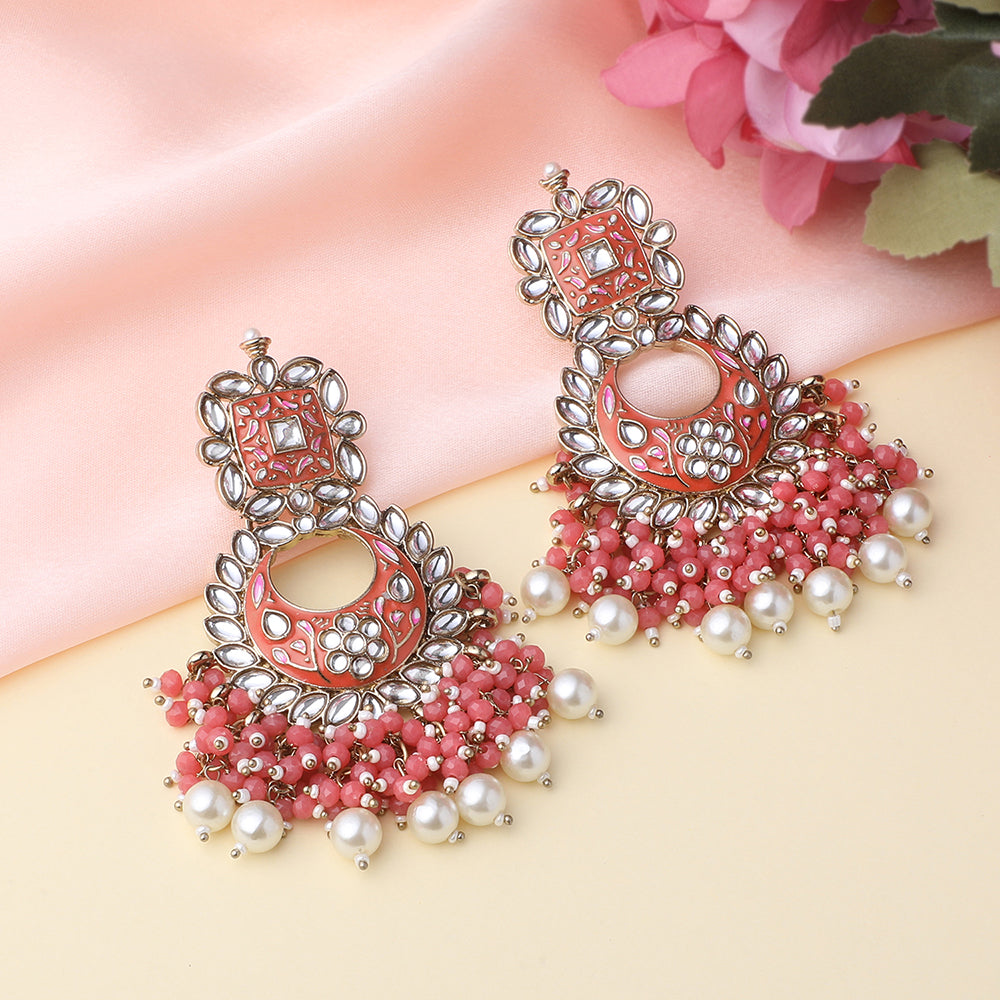 Mahi Pink Meenakari Work Floral Chandbali Traditional Dangler Earrings with Crystals and Beads for Women (ER11098129GPin)