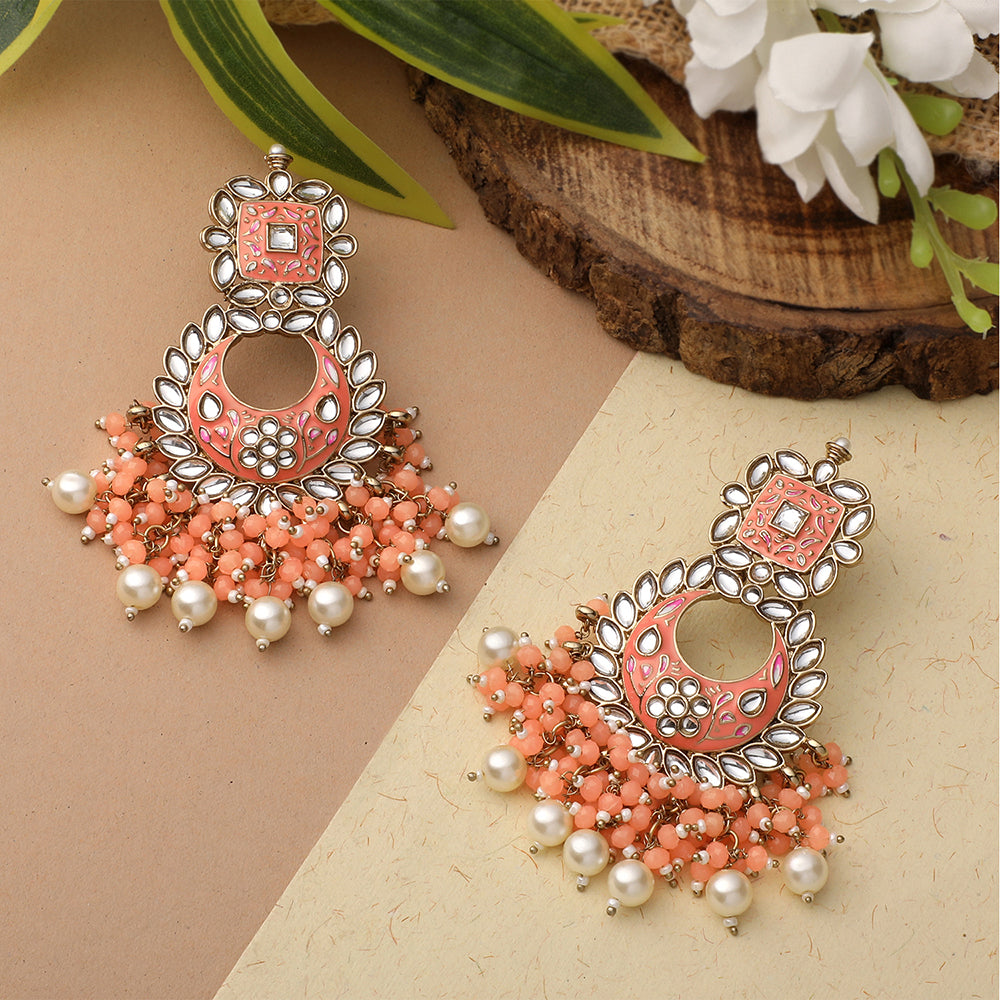 Mahi Orange Meenakari Work Floral Chandbali Traditional Dangler Earrings with Crystals and Beads for Women (ER11098131GOrg)