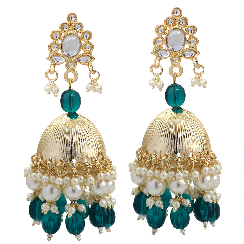 Mahi Gold Plated Green and White Artificial Pearls Traditiol Indian Jhumka Earring for Women (ER1109813GGre)