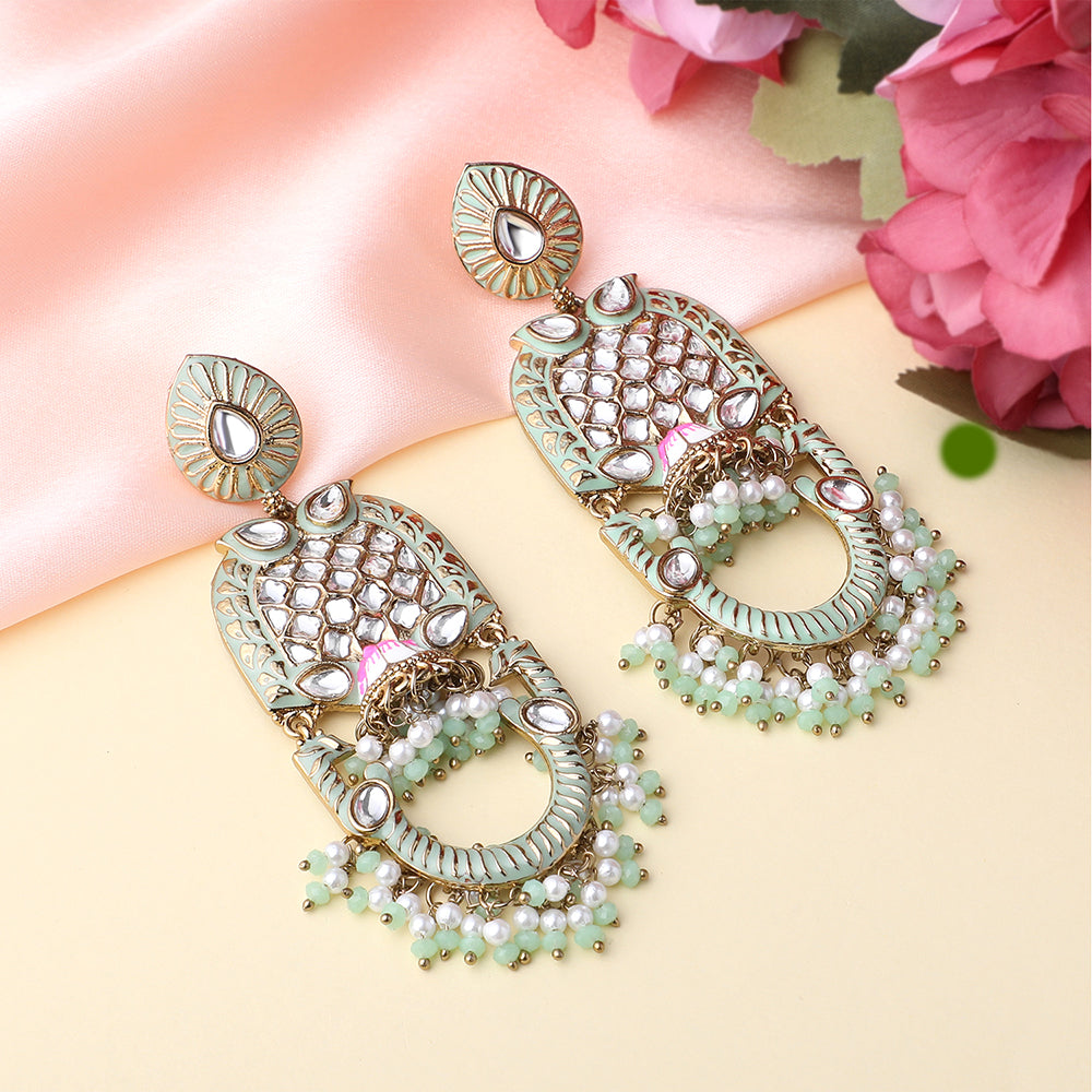 Mahi Green Meena Work Floral Traditional Dangler Jhuma Earrings with Crystals and Beads for Women (ER11098140GGre)