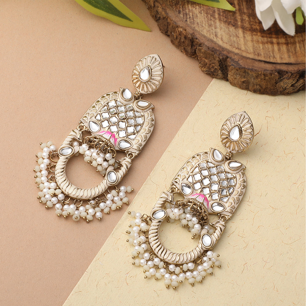 Mahi White Meena Work Floral Traditional Dangler Jhumki Earrings with Crystals and Beads for Women (ER11098141GWhi)