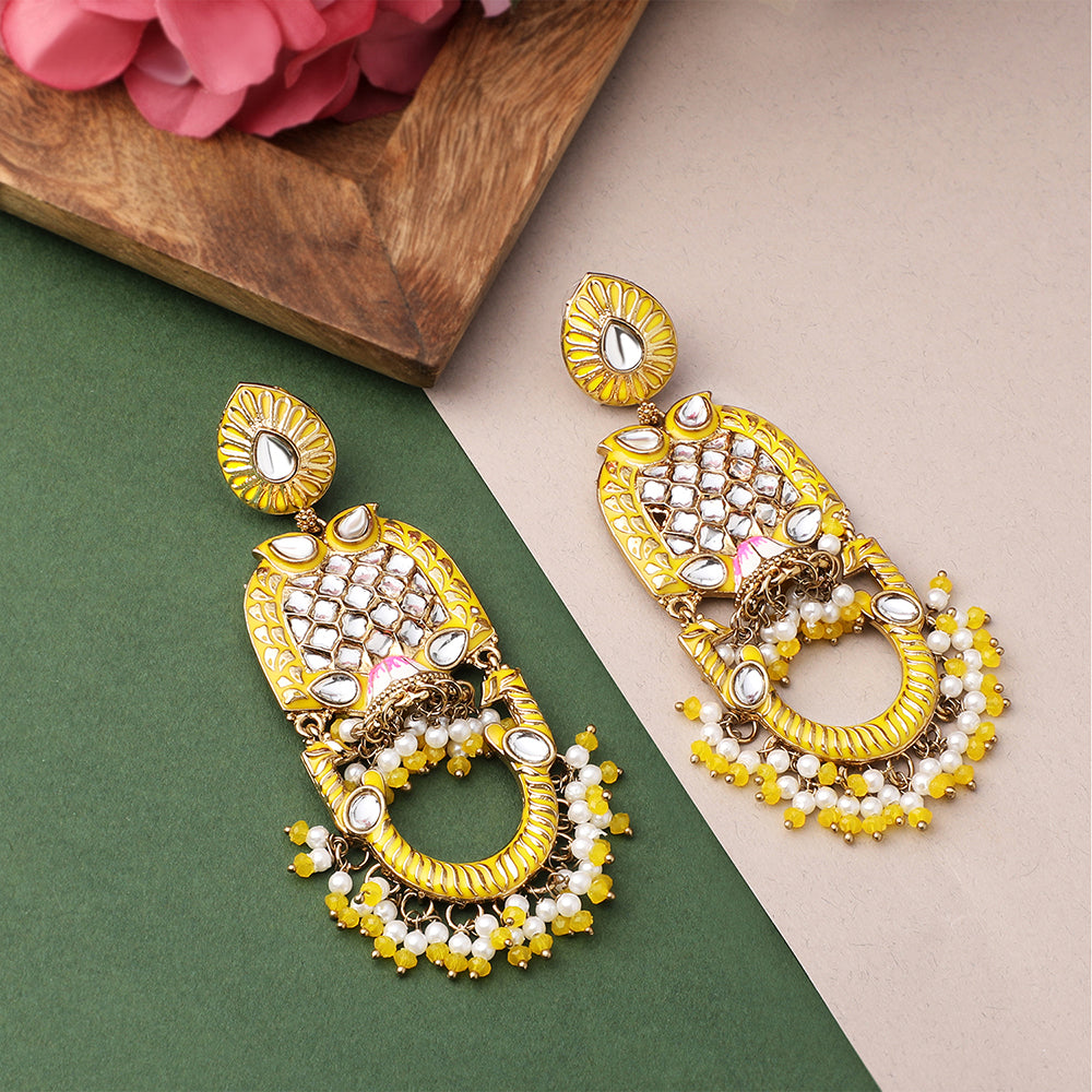 Mahi Yellow Meena Work Floral Traditional Dangler Jhumki Earrings with Crystals and Beads for Women (ER11098143GYel)