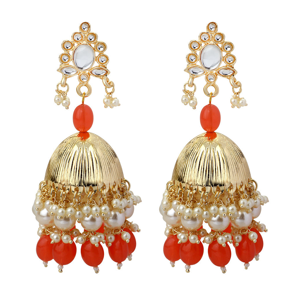 Mahi Gold Plated Orange and White Artificial Pearls Traditiol Indian Jhumka Earring for Women (ER1109815GOrg)