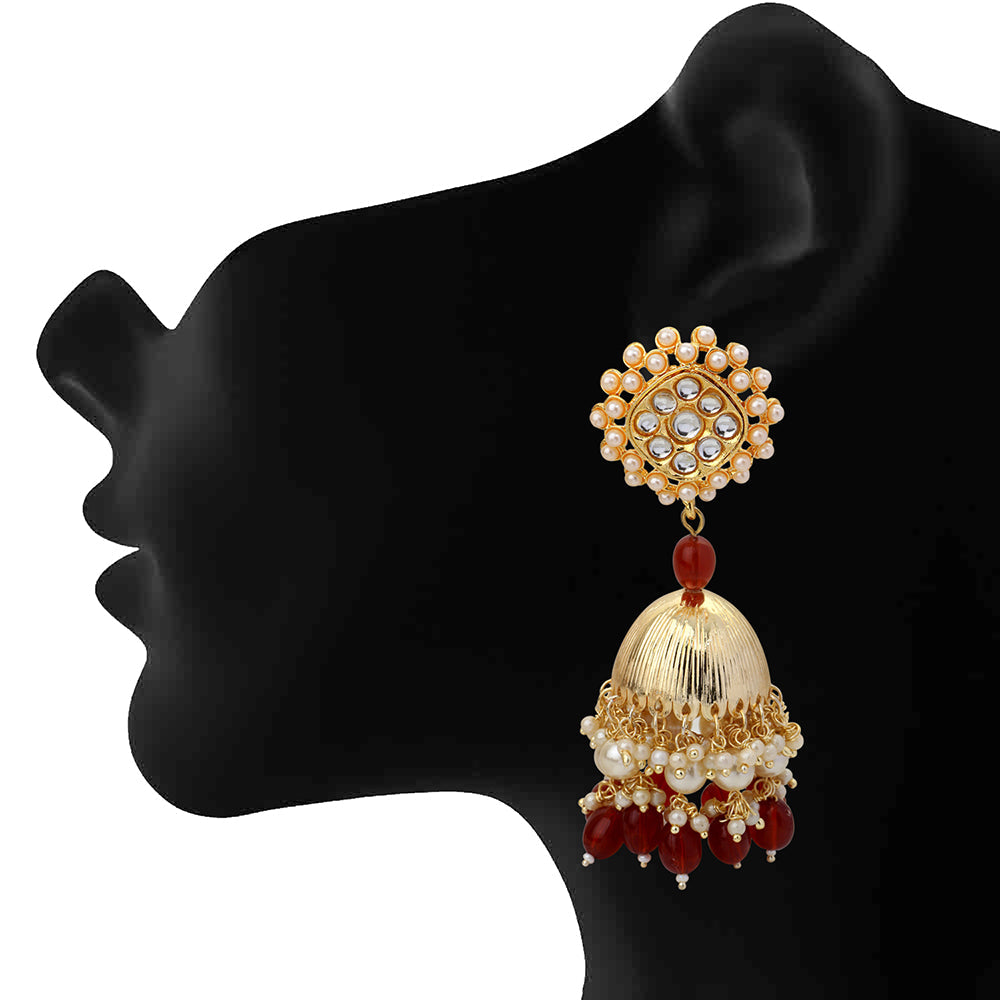 Mahi Gold Plated Maroon and White Artificial Pearls Indian Traditiol Ethnic Jhumka Earring for Women (ER1109817GMar)
