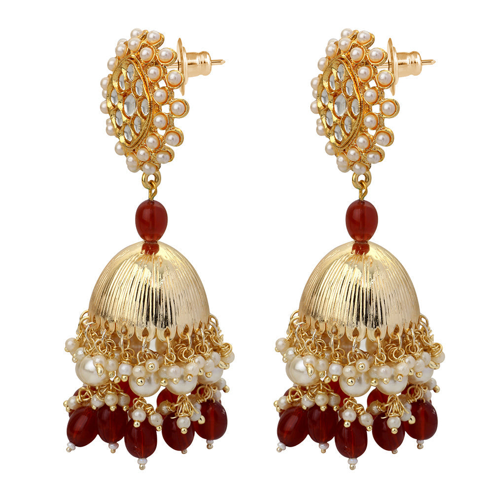 Mahi Gold Plated Maroon and White Artificial Pearls Indian Traditiol Ethnic Jhumka Earring for Women (ER1109817GMar)