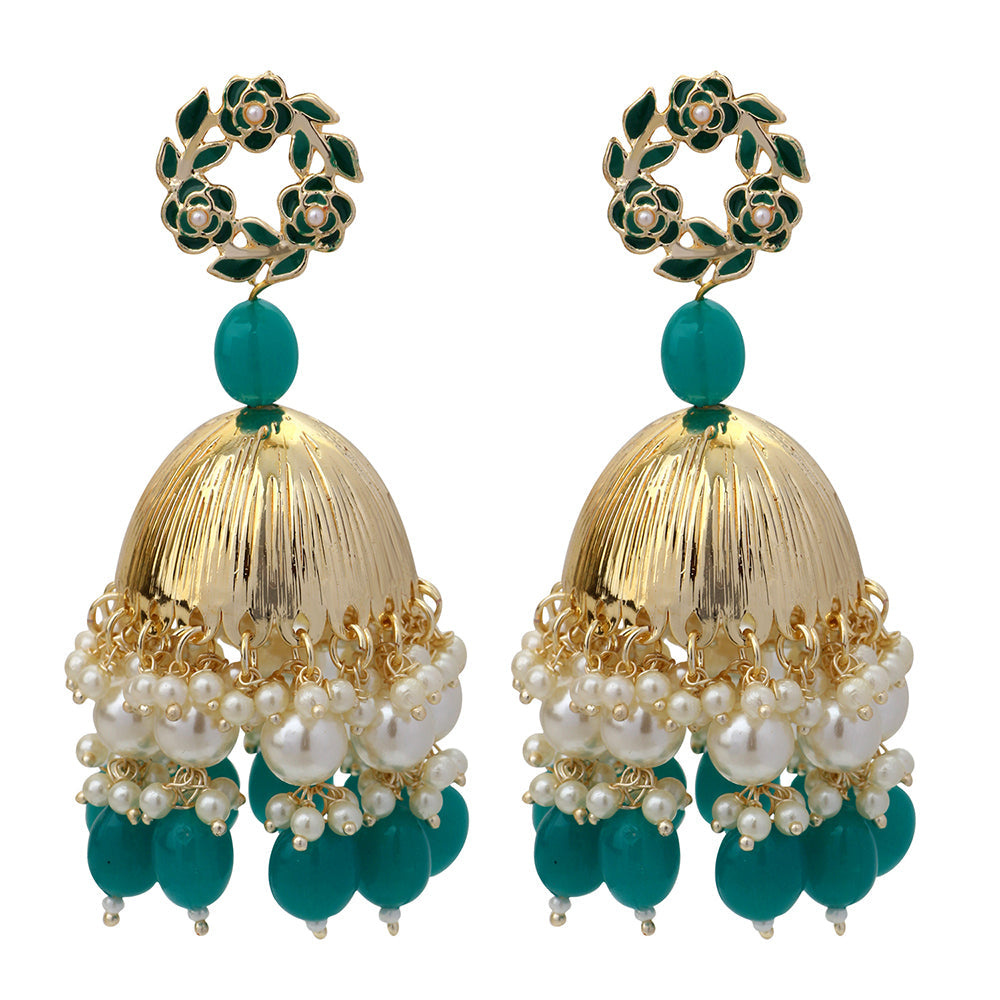Mahi Beautifully Dark Green Emelled Pearl Drop Ethnic Floral Jhumka Earring for Women (ER1109819GDGre)