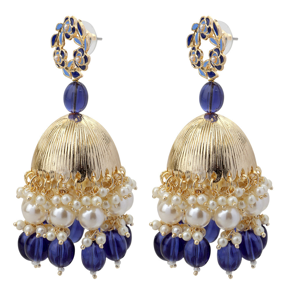 Mahi Beautifully Dark Blue Emelled Pearl Drop Ethnic Floral Jhumka Earring for Women (ER1109820GDBlu)