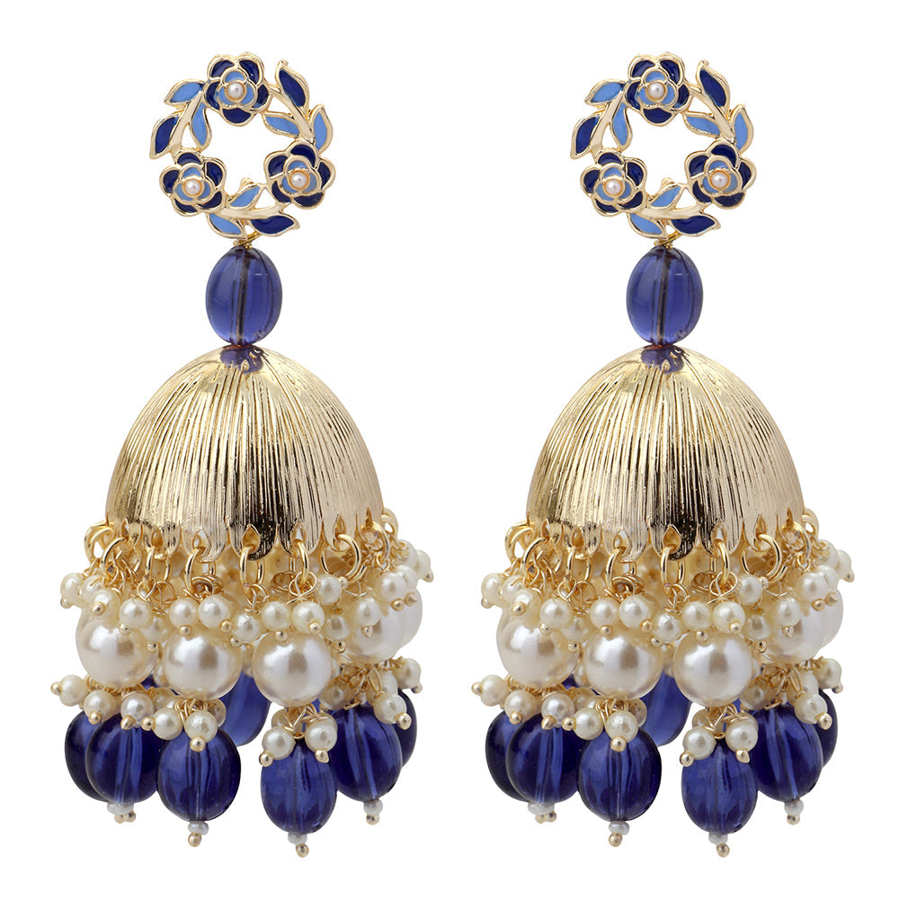 Mahi Beautifully Dark Blue Emelled Pearl Drop Ethnic Floral Jhumka Earring for Women (ER1109820GDBlu)