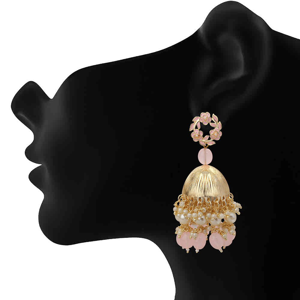 Mahi Beautifully Light Pink Emelled Pearl Drop Ethnic Floral Jhumka Earring for Women (ER1109821GLPin)