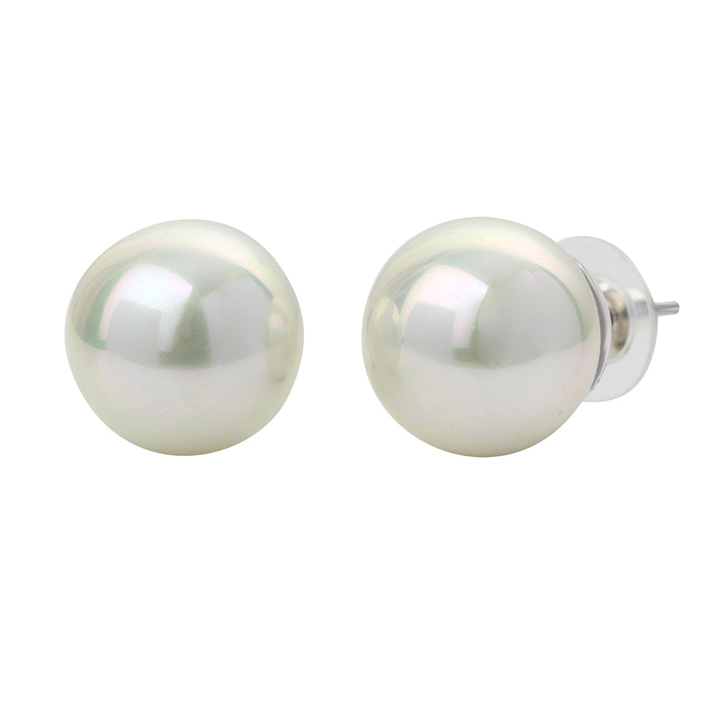 Mahi Rhodium Plated Classic White Artificial Pearl Stud Earrings for Women (ER1109822RWhi_12mm)