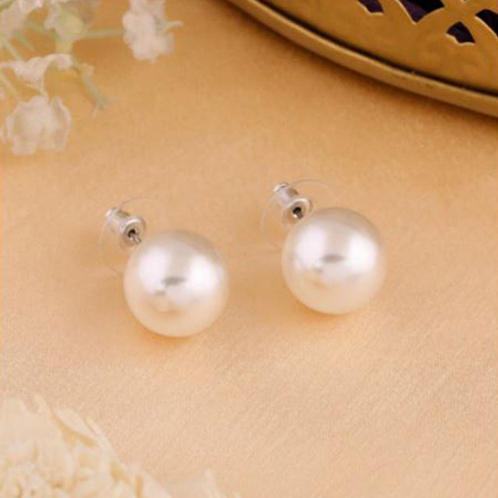 Mahi Rhodium Plated Classic White Artificial Pearl Stud Earrings for Women (ER1109822RWhi_14mm)