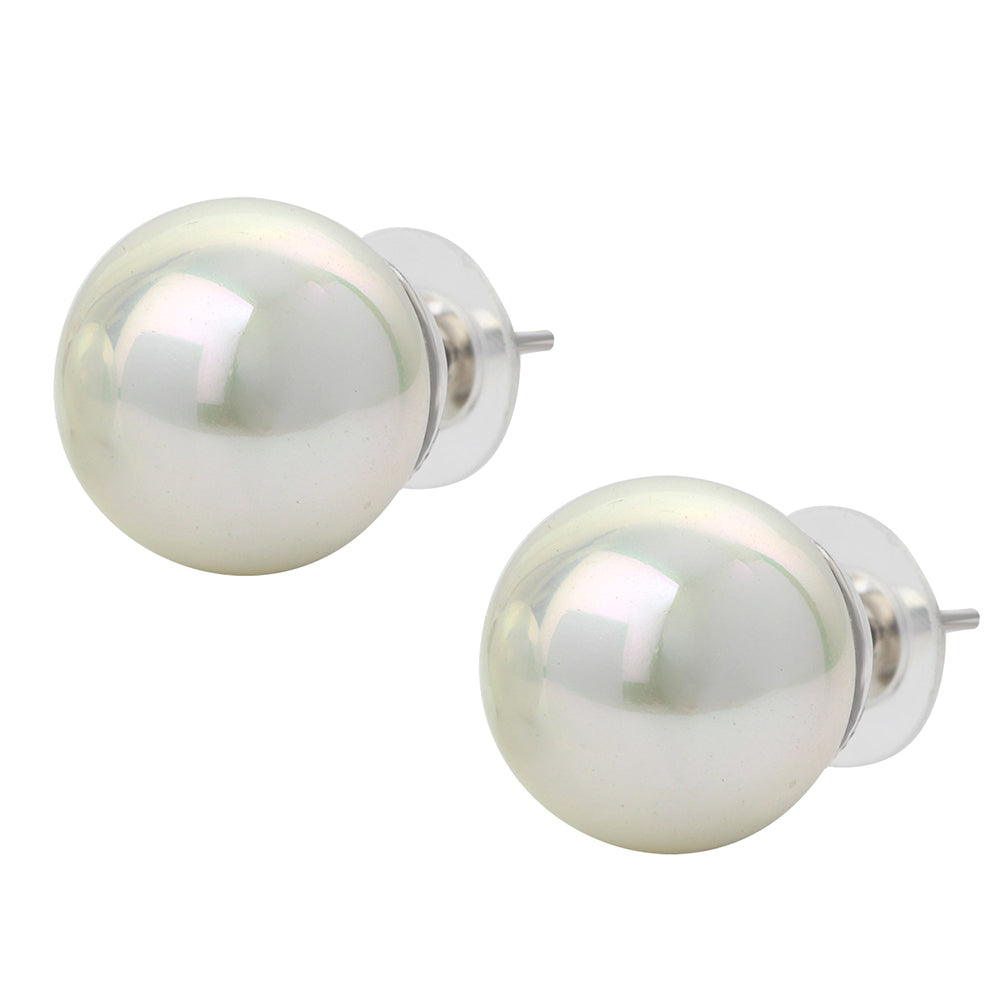 Mahi Rhodium Plated Classic White Artificial Pearl Stud Earrings for Women (ER1109822RWhi_14mm)
