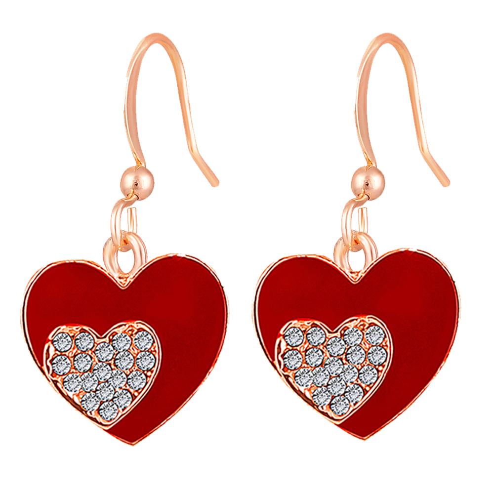 Mahi Red Meenakari Work and Crystals Dual Heart Earrings