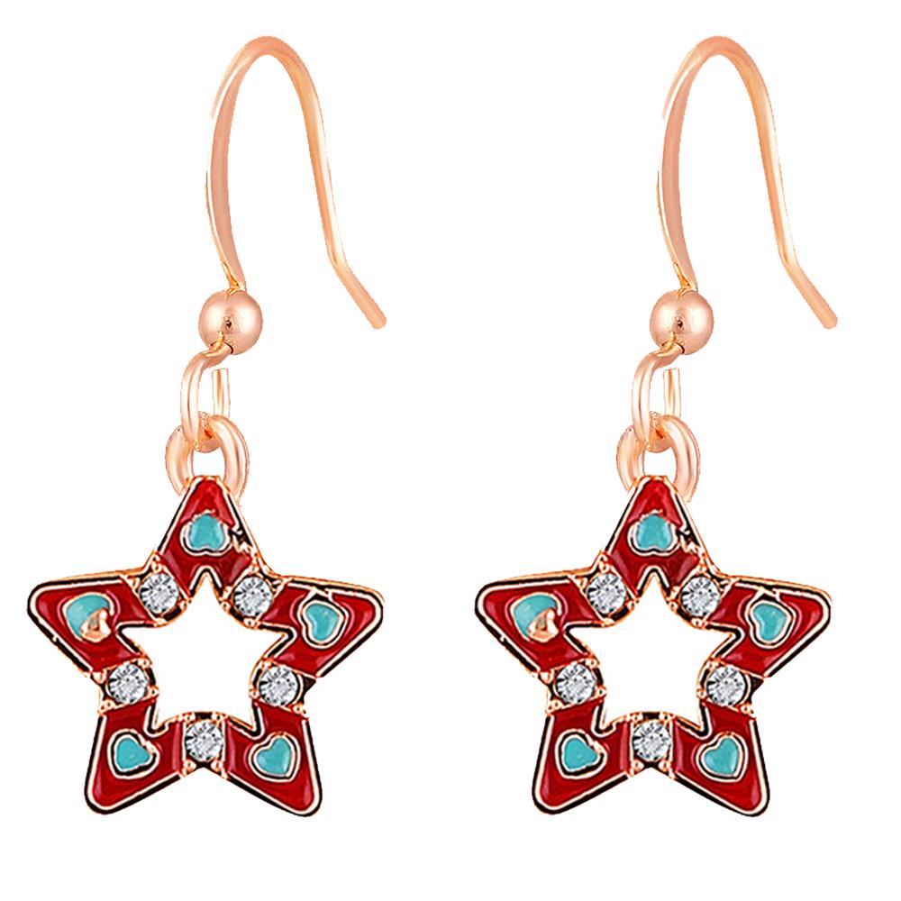 Mahi Red Meenakari Work and Crystals Star Earrings