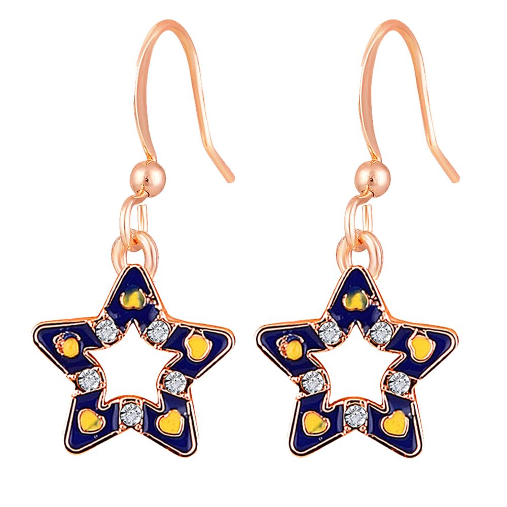 Mahi Navy Blue & Yellow Meenakari Work and Crystals Star Earrings