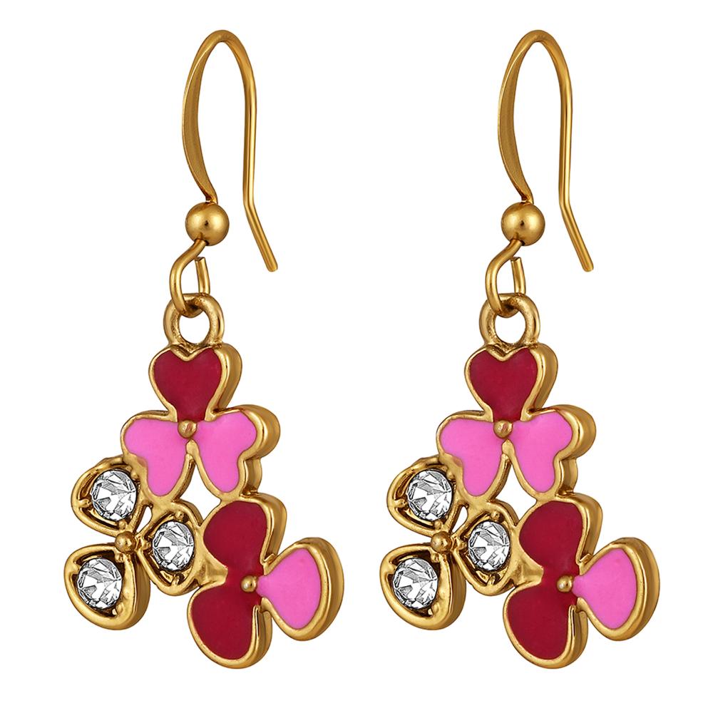 Mahi Red and Pink Meenakari Work and Crystals Floral Earrings